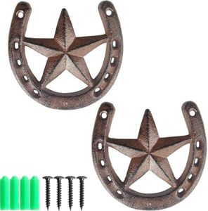 RONYOUNG 2PCS Cast Iron Horseshoe with Star Wall Decor, Medium Horseshoe Durable Cast Iron for Indoor Or Outdoor