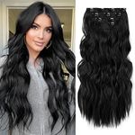 REECHO Hair Extensions, 4PCS Clip in Hair Extensions Natural Soft Synthetic Hairpieces for Women, Off Black