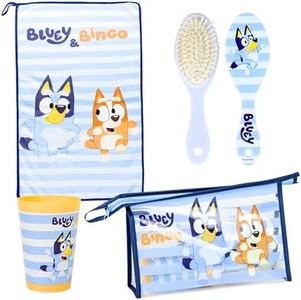 Bluey Toiletry Bag for Girls Boys Including Glass, Hairbrush, Towel and Children's Toiletry Bag Bluey and Bingo Design, Multicoloured, Classic