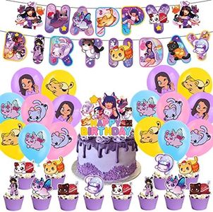 Aphmau Plushies Cat Birthday Party Decoration Party Supplies Happy Birthday Banner Balloons Cake Topper Cupcake Toppers for Kids Girls Birthday Decoration