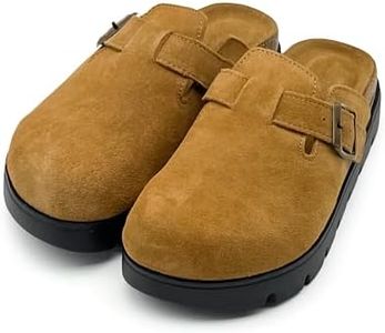 vinshoeci 100% Genuine Leather Platform Clogs for Kids Memory Foam Insole Arch Support Non-Slip Mules & Sandals for Girls & Boys Indoor Outdoor Cute Slippers Classic Adjustable Buckle Light brown 1