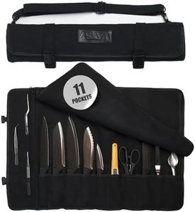 Asaya Waxed Canvas Chef Knife Roll Bag with 10 Slots and a Zipper Pocket - Professional Chef Knife Bag & Storage Case, with Shoulder Strap - Knives Not Included (Black)