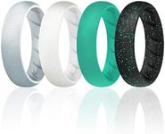 ROQ Silicone Rings for Women, Breathable Silicone Rings, Sets of 4 Bands, Unique Silicone Wedding Ring for Women, Medical Grade Silicone Rubber Band - Black, White, Turquoise Colors - Size 9