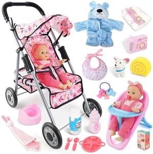 SMILESSKIDDO Baby Doll with Stroller PlaySet - 12 Inch Soft Body Dolls and Accessories Dining Chair, Doll Clothes, Feeding Set for Realistic Pretent Play, Babydoll Care Gift for Toddler Girls 2 3 4 5