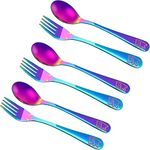 6 Pcs Stainless Steel Rainbow Kids Silverware Set, Children's Safe Utensil Little Bear Kids Cutlery Set Metal Toddler Utensils,3 x Children Safe Forks, 3 x Kids Spoons