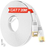 Ethernet Cable 20m Cat 7 Flat, Internet Cable High Speed 10Gbps 600MHz White Thin, S/FTP Shielded Network Cable Waterproof RJ45 LAN Cable 65ft, Broadband Patch Cable for Router Switch PC (20 Clips)