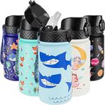 GOPPUS Kids Insulated Water Bottle - 14 Oz BPA Free 18/8 Stainless Steel Travel Bottle with Straw Water Bottle with Double Wall Vacuum Leak Proof Kids Cup for School Boys Girls, Iron Shark