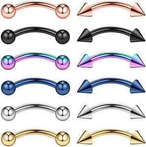 Ruifan 12PCS Assorted Colors Eyebrow Piercing Jewelry Curved Barbell with Balls&Spikes Kit Eyebrow Tragus Lip Ring 16g 16 Gauge 10mm