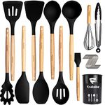 Fruitalite Silicone Kitchen Utensils Spoon Spatula Cooking Set- 13 Pcs Non-Stick with Wooden Handle- BPA Free, Heat Resistant Item, Flexible Non Toxic Silicon Cookware Tools with Holder- Black