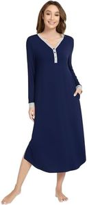 NACHILA Women's Nightgowns-Viscose Made from Bamboo, Long Sleeve Nightshirts Henley Sleepwear Soft Sleepshirt with Pockets Navy Blue S