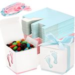 SOUJOY 100 Pieces Baby Shower Favor Boxes, Small Footprints Candy Boxes with Ribbon, Paper Newborn Party Gift Box for Baby Shower, Wedding, Birthday, Bridal Party