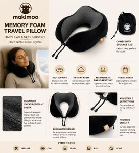 Makimoo Memory Foam Travel Neck Pillow – 360° Support, Black with Bag