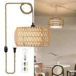 Boho Rattan Pendant Lights Farmhouse 12 Inch Plug in Chandelier Light Fixture Rustic Wicker Hand Woven Pendant Hanging Light with Cord for Dining Room Kitchen Bedroom Foyer Hallway