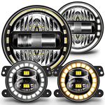 TRUE MODS 7-inch H6024 LED Headlights + 4-inch Fog Lights for Jeep Wrangler JK Unlimited JKU Accessories 2007-2018 [DOT Approved][Crystal HALO DRL] [Amber Turn Signals] [High/Low Sealed Beam] - BLACK