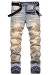 Baylvn Men's Designer Straight Slim Fit Patchwork Jeans Comfort Skinny Biker Denim Pants, 3848 Vintage Blue, 38