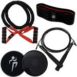 JT Fitness Home Workout Kit for Resistance and HIIT Training, Set Includes Resistance Bands with Soft Grip Handle, Double Sided Core Slider, Booty Band and Adjustable Skipping Rope