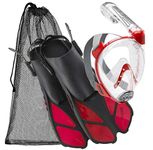 Cressi Adult Snorkeling Full-Face Mask & Adjustable Fins Kit | Wide Clear View, Anti-Fog System | Easy Breathing: Safety First | Short Fins | Ideal for Traveling | Duke & Bonete, Red - M/XL