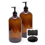 32-Ounce Amber Glass Lotion Pump Bottles (2-Pack); Quart Size Brown Bottles w/Black Plastic Locking Pump Dispensers; Includes Chalk Labels