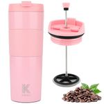 French Press Coffee Travel Mug - Portable Coffee Maker - French Press - Perfect for Tea and Coffee - Hot and Cold Coffee Press Brewer Thermoses Cup - Pink - 450ml 15oz Stainless Steel