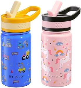 Kids Insulated Water Bottle, BUZIO 14oz Stainless Steel Water Bottles with Straw Lid, Vacuum Double Wall Leak Proof Lead-Free BPA-Free Drink Flask for School Boy Girl (Pink Unicorn+Blue Car)