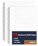 (2 Pack) A5 TUL Discbound Lined Refill Paper, 8 Disc Hole Punched Ruled Filler Paper, Junior Size Refills Paper, 100Sheets / 200Pages, Loose-Leaf Paper, 100gsm Paper, 5.8 X 8.3 Inch