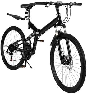 Giniania 26 Inches Foldable Mountain Bike with w/Integrated Tire 21 Speed Full Suspension High-Carbon Steel Foldable Bicycle Double Disc Brake Outroad Mountain Bicycle for Adults Men Women