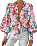 BTFBM Women Fashion Button Down Shirts Lapel V Neck Printed Solid Boho Long Sleeve Blouses Dressy Casual Summer Fall Top(Multi Pink Green, Small)