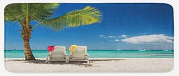 Ambesonne Seaside Kitchen Mat, Relaxing Scene on Vacation Beach Palm Tree Chairs and Boats Panoramic Picture, Plush Decorative Kitchen Mat with Non Slip Backing, 47" X 19", Green Blue