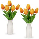 Briful 2 Packs Fake Flowers Artificial Tulips with Ceramic Vase, Orange Artificial Flowers Poly Foam Tulips Real Touch Flowers Artificial in Vase for Home Decor, Centerpieces, Wedding Decoration