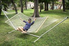 Hangit Outdoor UV Resistant White Spun Rope Hammock with 15 feet Steel Hammock Stand, Weight Capacity of 200 kg, White Hammock with Grey Stand, All in one Set