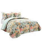 Lush Decor Sydney Reversible Cotton Quilt Set - Charming & Colorful Floral Leaf Design - 3 Piece Quilted Botanical Bedding Set with Shams - King, Blue & Green