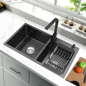 KunMai 32" Black Double Bowl Kitchen Sink Stainless Steel Bar Sink Drop-In Kitchen Sink with Drain and Overflow