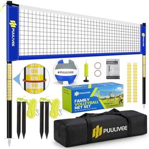 Outdoor Volleyball Net Set for Backyard, Beach, Grass, All-Weather & Easy Setup, with 4 Height Adjustable Poles, Anti-Sag Net, PU Volleyball, Portable Carry Bag, Premium Present Box (Blue White, 16FT)