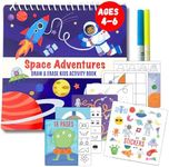 Kids Small Size Travel Educational Activity Book with Washable Markers (7"x7") - Car and Airplane Activities, Learning Toys for Toddlers - Search and Find, Reusable Stickers for Ages 4, 5, 6 (Space)