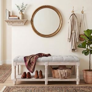 Kmax Storage Entryway Bench Tufted Shoe Rack Bench Wood Window Bench for Hallway Entrance Bedroom Corner, Beige