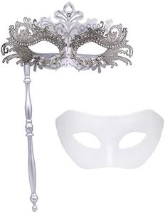IETANG Couple Mask Half Venetian Masquerade Ball Mask Party Costume Accessory (on Stick-white)