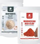 AmazerCare Moroccan Red Clay + Bentonite Powder for Skin & Hair (2 Pouches, 225gm each) Natural Face Pack, Skin Care Treatment & Healing, DIY Face Masks, 100% Natural