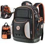 Tool Bag Backpack, 75 Pockets & Loops Heavy Duty Tools Organizer Bags/HVAC Tool Carrier for Eelectrician/Construction Work with Molded Base and Combination Lock, Large, Black and Orange