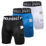 YUSHOW Compression Shorts Mens 3 Pack Sports Anti-Chafing Underwear Base Layer Shorts Quick Dry Running Shorts with Phone Pockets Cycling Tights for Workout Athletic Rugby Short Protect Leg Skin