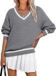 LILLUSORY Womens Oversized Pullover Sweater Fall Fashion Outfits 2024 Long Sleeve V Neck Shirts Knit Trendy Tops Grey L