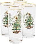 Spode Christmas Tree 15oz Highball Glasses, Set of 4 - Gold-Rimmed Elegant Holiday-Themed Glassware, Festive Holiday Drinkware for Christmas Parties, New Year’s Toasts, and Festive Occasions