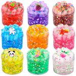 9 Pack Jelly Cube Fluffy Slime Kit Party Favor, Crunchy Clear Glitter Crystal Slime for Girls and Boys, DIY Birthday Boba Glimmer Slime for Kids, Cute Charms Soft Non-Sticky Stress Relief Slime Toys