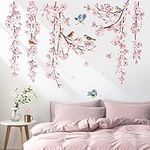 decalmile Cherry Blossom Flower Vine Wall Decals Hanging Floral Tree Branch Birds Wall Stickers Living Room Bedroom Office Wall Decor