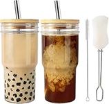 Arcooken 2 Pack Glass Tumbler Cups with Bamboo Lids and Straws, 22oz Iced Coffee Cups-Reusable Mason Jar Drinking Glasses for Bubble Tea, Beer, Smoothie, Juice