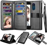 NJJEX Compatible with LG Aristo 2/Aristo 3/Phoenix 4/Rebel 4 LTE/Tribute Empire/Dynasty/Zone 4/Fortune 2/Rebel 3 LTE/Risio 3/K8 Wallet Case, PU Leather Card Slot Holder Flip Lanyard Cover [Black]