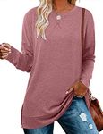 KISSMODA Women Side Slit Tops Plain Tunic Sweatshirt Thin Shirts for Fall Tunic Sweatshirts Plus Size Crew Neck Pink L