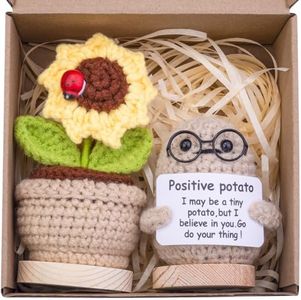CoFuBcad 2PCS Handmade Emotional Support Pickle Cucumber Gifts, Funny Knitted Cucumber with Front Card and Wooden Base Sunflower Pot Desk Decoration