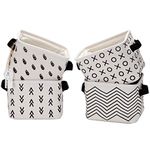 Sea Team Foldable Mini Square New Black and White Theme 100% Natural Linen & Cotton Fabric Storage Bins Storage Baskets Organizers for Shelves & Desks - Set of 4 (Black 4pcs)