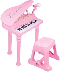 The Magic Toy Shop Pink Piano Keyboard for Kids with Stool & Microphone – 31 Keys, LED Lights, Playback, 22 Demo Songs – Small Electric Grand Piano – Musical Instruments for Children