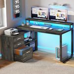 YITAHOME L Shaped Desk with Drawers, 55" Corner Computer Desk with Power Outlets, L-Shaped Desk with LED Lights & File Cabinet for Home Office, Grey